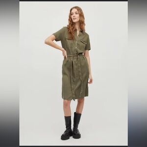 Vila Button Up Shirt Dress Sz 6 Tie Waist, Minimalist, Olive Green